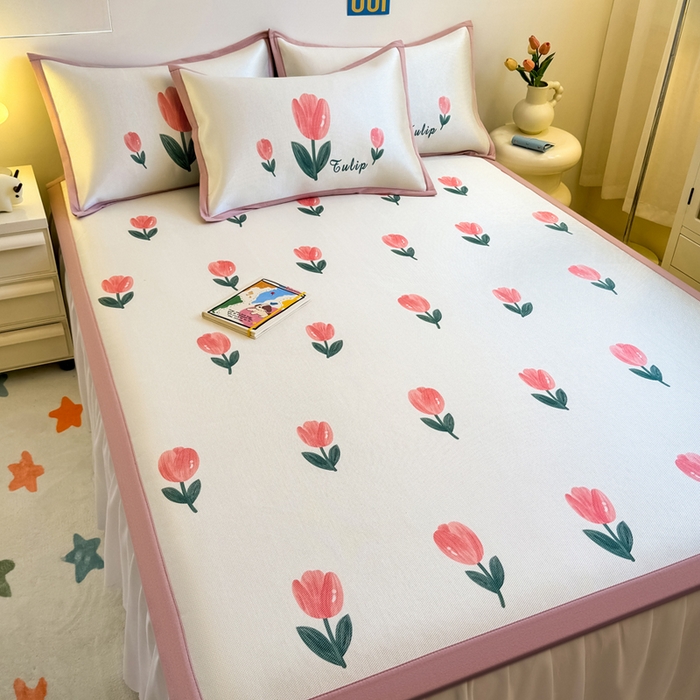 91家纺网 家纺一手货源 找家纺 全季家居 2025新款A类小清新数码印花冰藤席凉席席子 郁金香 床席