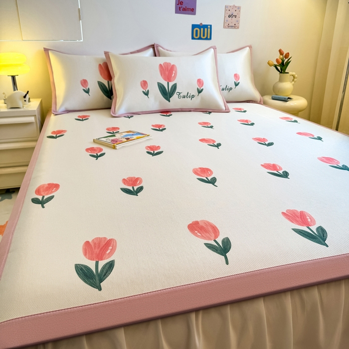 91家纺网 家纺一手货源 找家纺 全季家居 2025新款A类小清新数码印花冰藤席凉席席子 郁金香 床席