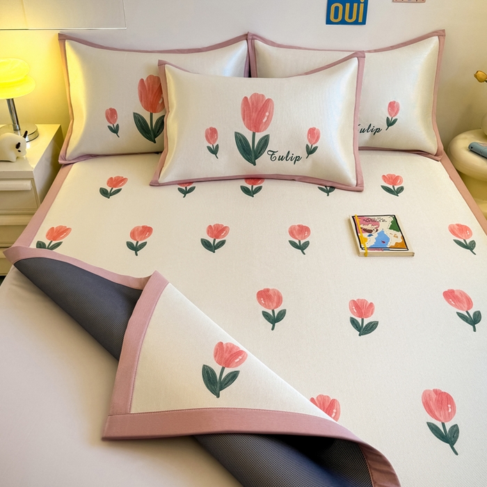 91家纺网 家纺一手货源 找家纺 全季家居 2025新款A类小清新数码印花冰藤席凉席席子 郁金香 床席