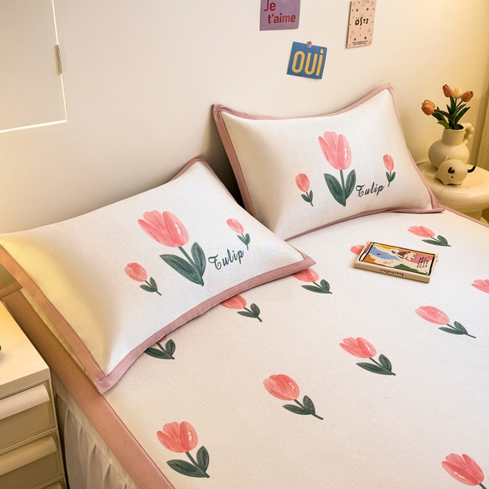 91家纺网 家纺一手货源 找家纺 全季家居 2025新款A类小清新数码印花冰藤席凉席席子 郁金香 床席