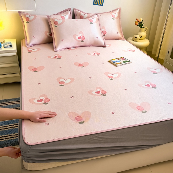 全季家居 2025新款A类小清新数码印花冰藤席凉席席子 爱心郁金香 床笠