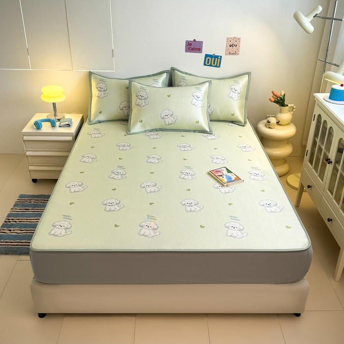 91家纺网 家纺一手货源 找家纺 全季家居 2025新款A类小清新数码印花冰藤席凉席席子 开心小狗 床笠