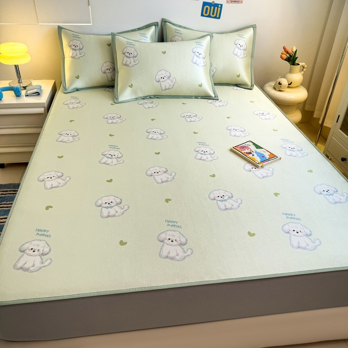 91家纺网 家纺一手货源 找家纺 全季家居 2025新款A类小清新数码印花冰藤席凉席席子 开心小狗 床笠