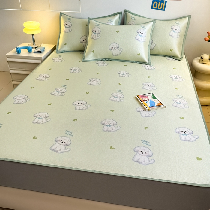 91家纺网 家纺一手货源 找家纺 全季家居 2025新款A类小清新数码印花冰藤席凉席席子 开心小狗 床笠