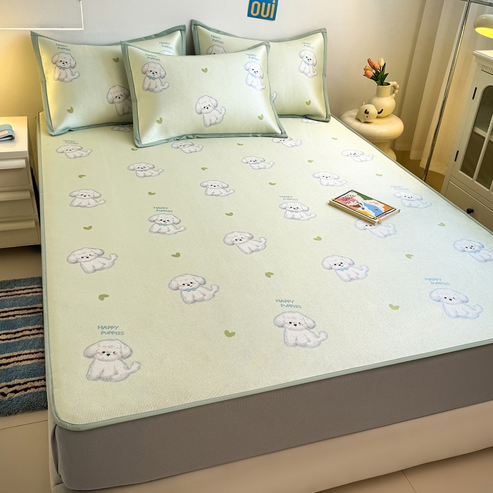 91家纺网 家纺一手货源 找家纺 全季家居 2025新款A类小清新数码印花冰藤席凉席席子 开心小狗 床笠