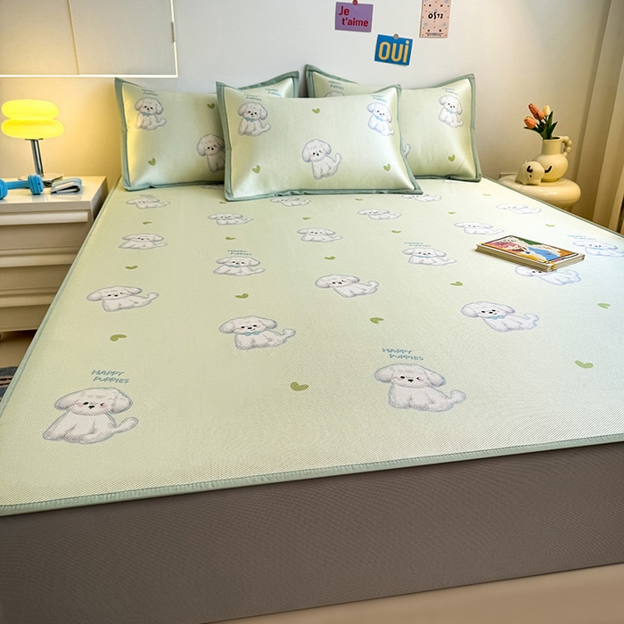 91家纺网 家纺一手货源 找家纺 全季家居 2025新款A类小清新数码印花冰藤席凉席席子 开心小狗 床笠