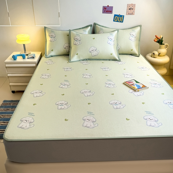 91家纺网 家纺一手货源 找家纺 全季家居 2025新款A类小清新数码印花冰藤席凉席席子 开心小狗 床笠