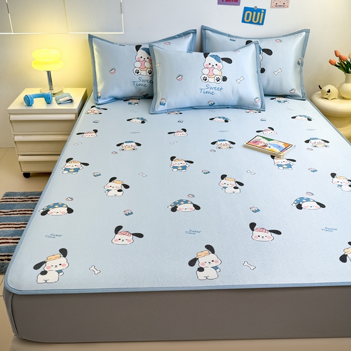 91家纺网 家纺一手货源 找家纺 全季家居 2025新款A类小清新数码印花冰藤席凉席席子 调皮小狗 床笠