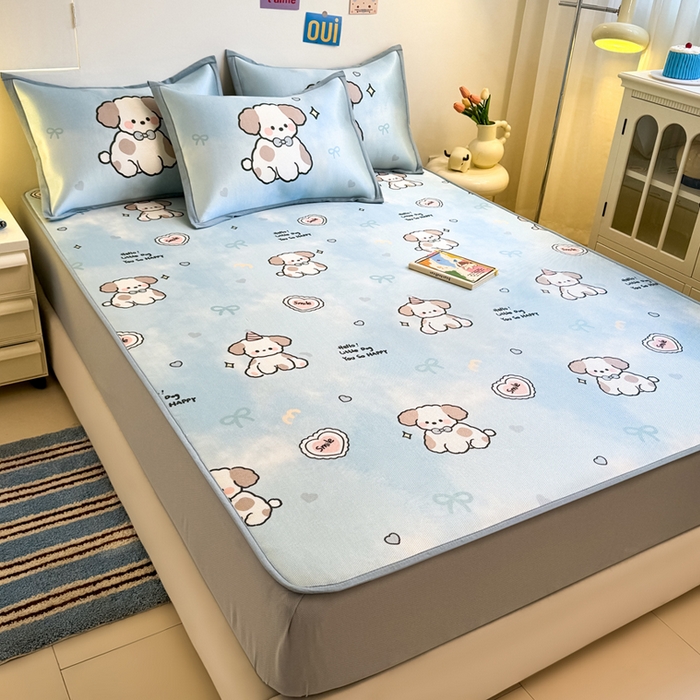 91家纺网 家纺一手货源 找家纺 全季家居 2025新款A类小清新数码印花冰藤席凉席席子 微笑小狗 床笠