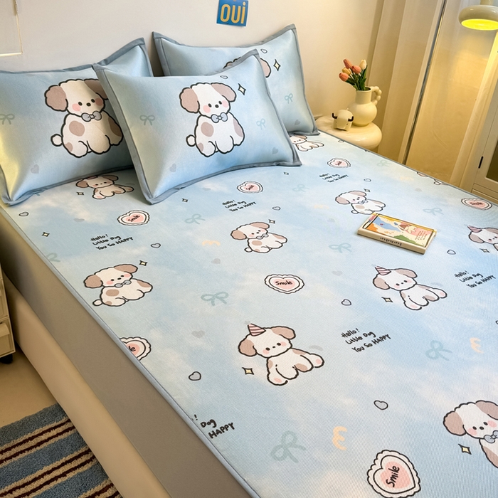 91家纺网 家纺一手货源 找家纺 全季家居 2025新款A类小清新数码印花冰藤席凉席席子 微笑小狗 床笠