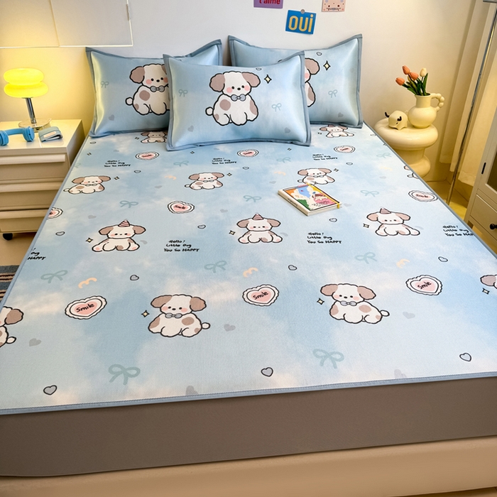 91家纺网 家纺一手货源 找家纺 全季家居 2025新款A类小清新数码印花冰藤席凉席席子 微笑小狗 床笠