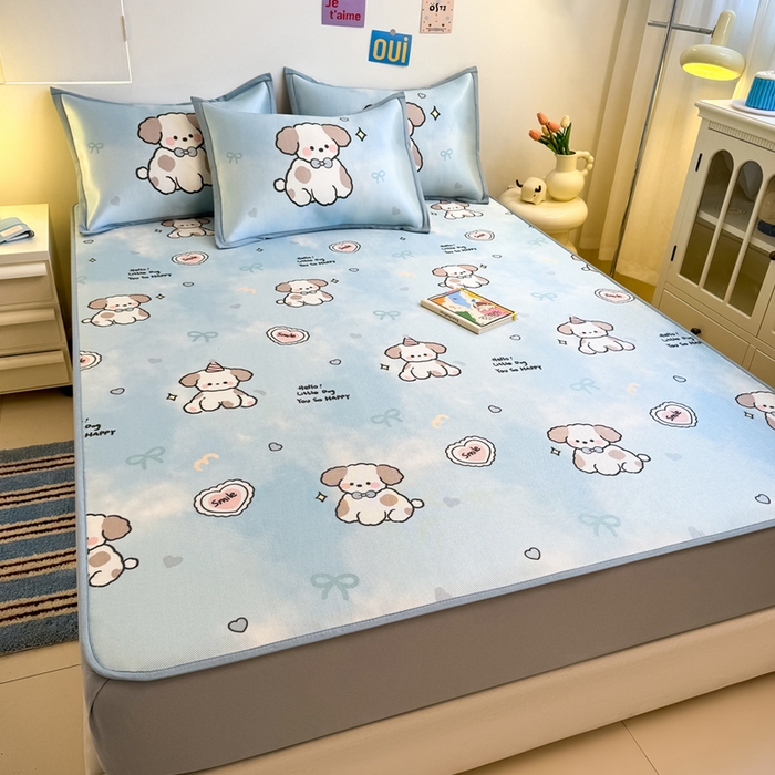 91家纺网 家纺一手货源 找家纺 全季家居 2025新款A类小清新数码印花冰藤席凉席席子 微笑小狗 床笠