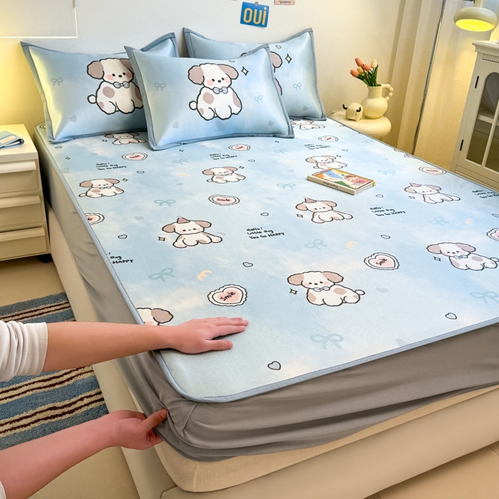 91家纺网 家纺一手货源 找家纺 全季家居 2025新款A类小清新数码印花冰藤席凉席席子 微笑小狗 床笠