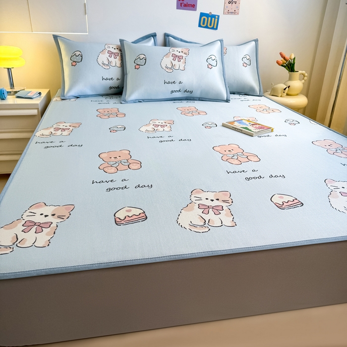 91家纺网 家纺一手货源 找家纺 全季家居 2025新款A类小清新数码印花冰藤席凉席席子 雪糕猫咪 床笠