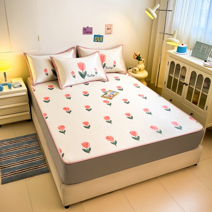 91家纺网 家纺一手货源 找家纺 全季家居 2025新款A类小清新数码印花冰藤席凉席席子 郁金香 床笠