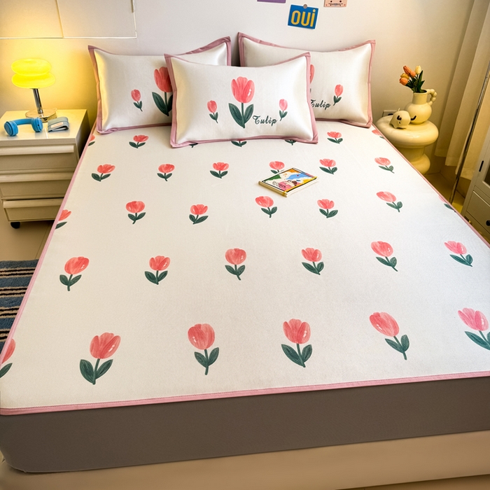 91家纺网 家纺一手货源 找家纺 全季家居 2025新款A类小清新数码印花冰藤席凉席席子 郁金香 床笠