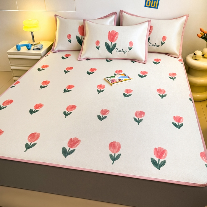 91家纺网 家纺一手货源 找家纺 全季家居 2025新款A类小清新数码印花冰藤席凉席席子 郁金香 床笠