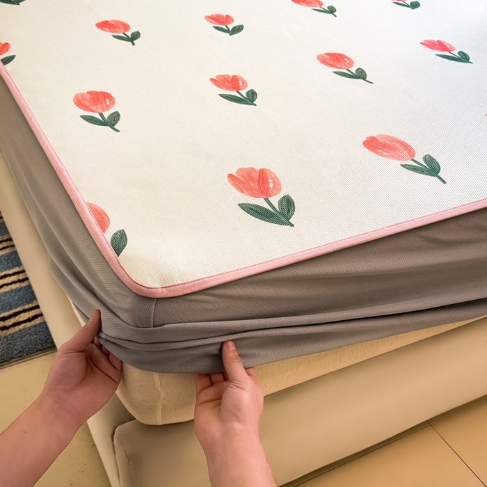 91家纺网 家纺一手货源 找家纺 全季家居 2025新款A类小清新数码印花冰藤席凉席席子 郁金香 床笠