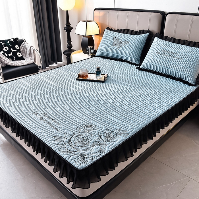 91家纺网 家纺一手货源 找家纺 炫拼家纺 2025春夏新款A类凉感丝花边床笠款乳胶凉席-法式玫瑰 法式玫瑰-宾利蓝