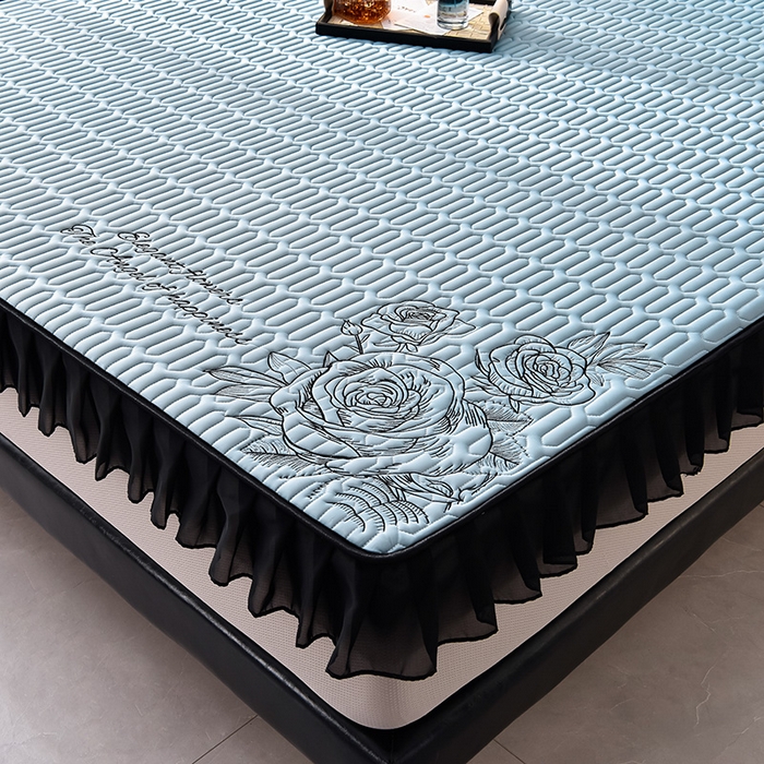 91家纺网 家纺一手货源 找家纺 炫拼家纺 2025春夏新款A类凉感丝花边床笠款乳胶凉席-法式玫瑰 法式玫瑰-宾利蓝