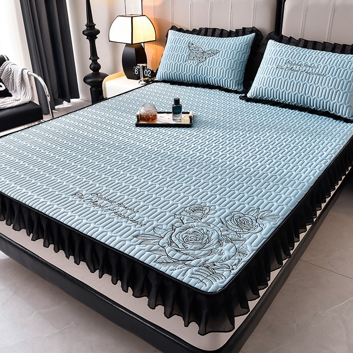 91家纺网 家纺一手货源 找家纺 炫拼家纺 2025春夏新款A类凉感丝花边床笠款乳胶凉席-法式玫瑰 法式玫瑰-宾利蓝