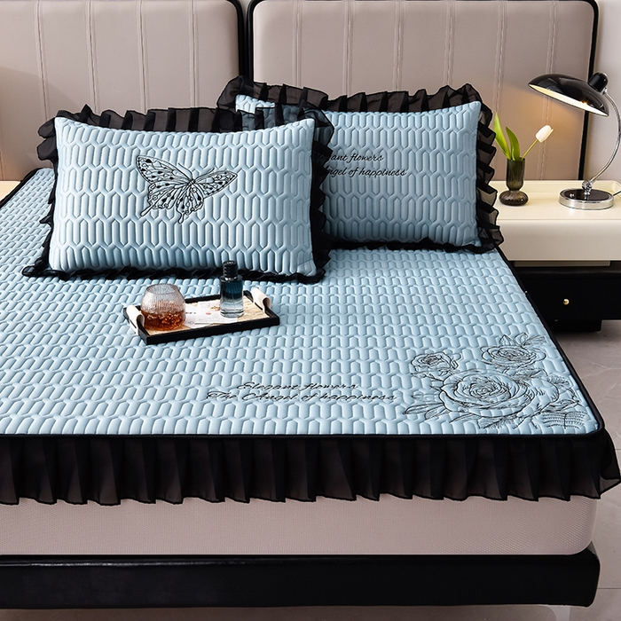 91家纺网 家纺一手货源 找家纺 炫拼家纺 2025春夏新款A类凉感丝花边床笠款乳胶凉席-法式玫瑰 法式玫瑰-宾利蓝