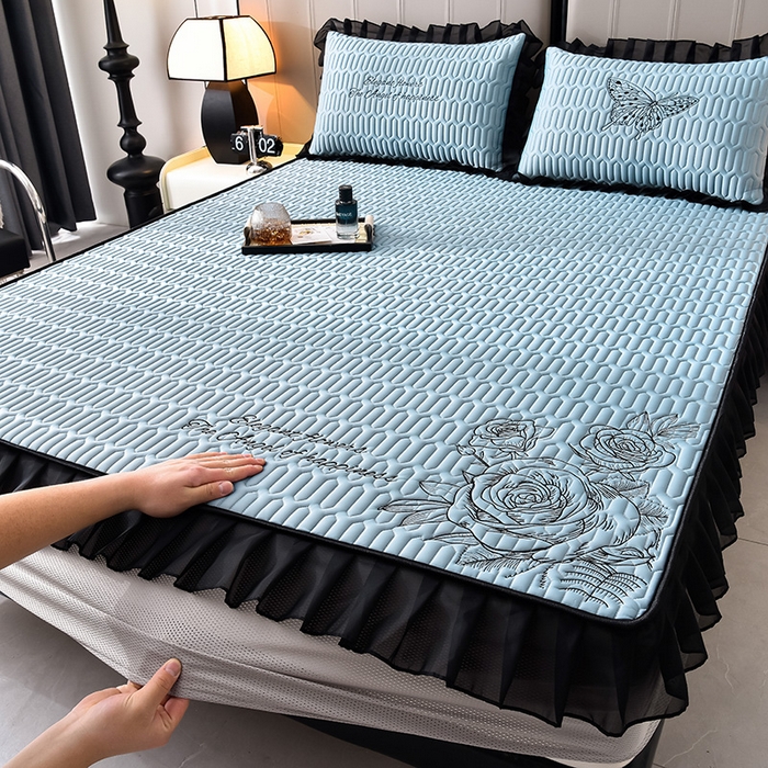 91家纺网 家纺一手货源 找家纺 炫拼家纺 2025春夏新款A类凉感丝花边床笠款乳胶凉席-法式玫瑰 法式玫瑰-宾利蓝