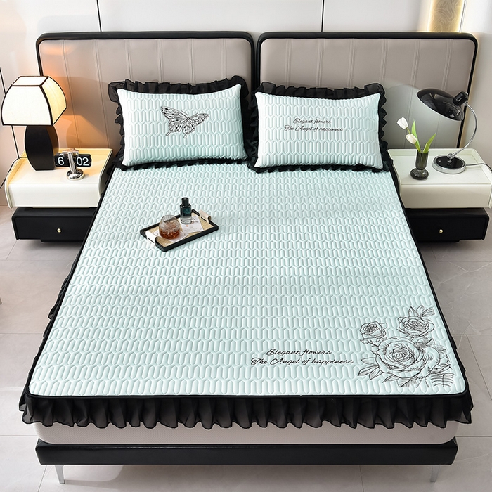 91家纺网 家纺一手货源 找家纺 炫拼家纺 2025春夏新款A类凉感丝花边床笠款乳胶凉席-法式玫瑰 法式玫瑰-冰雪蓝