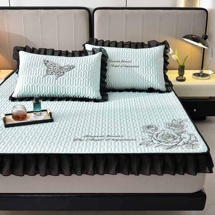 91家纺网 家纺一手货源 找家纺 炫拼家纺 2025春夏新款A类凉感丝花边床笠款乳胶凉席-法式玫瑰 法式玫瑰-冰雪蓝