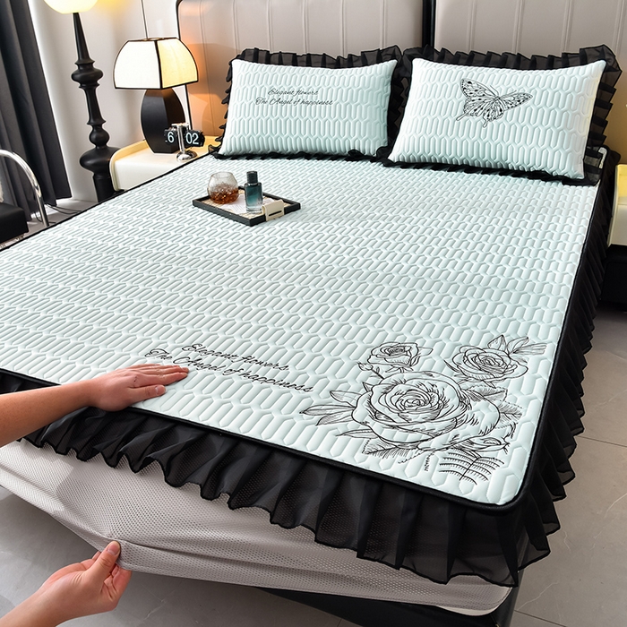 91家纺网 家纺一手货源 找家纺 炫拼家纺 2025春夏新款A类凉感丝花边床笠款乳胶凉席-法式玫瑰 法式玫瑰-冰雪蓝