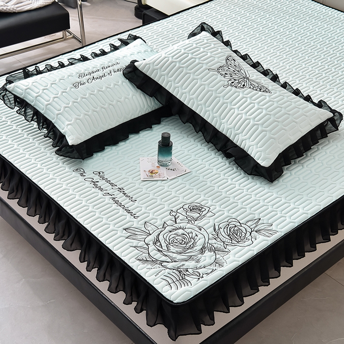 91家纺网 家纺一手货源 找家纺 炫拼家纺 2025春夏新款A类凉感丝花边床笠款乳胶凉席-法式玫瑰 法式玫瑰-冰雪蓝