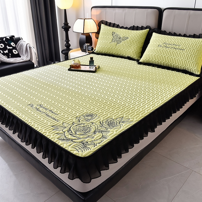 91家纺网 家纺一手货源 找家纺 炫拼家纺 2025春夏新款A类凉感丝花边床笠款乳胶凉席-法式玫瑰 法式玫瑰-仙草绿