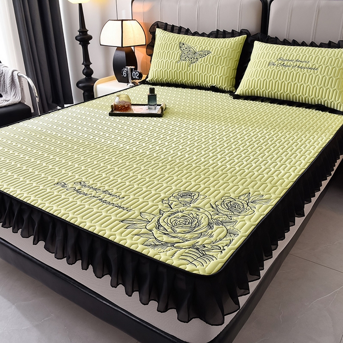 91家纺网 家纺一手货源 找家纺 炫拼家纺 2025春夏新款A类凉感丝花边床笠款乳胶凉席-法式玫瑰 法式玫瑰-仙草绿