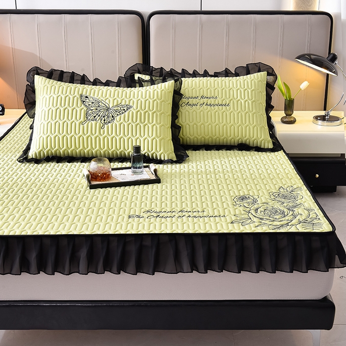 91家纺网 家纺一手货源 找家纺 炫拼家纺 2025春夏新款A类凉感丝花边床笠款乳胶凉席-法式玫瑰 法式玫瑰-仙草绿