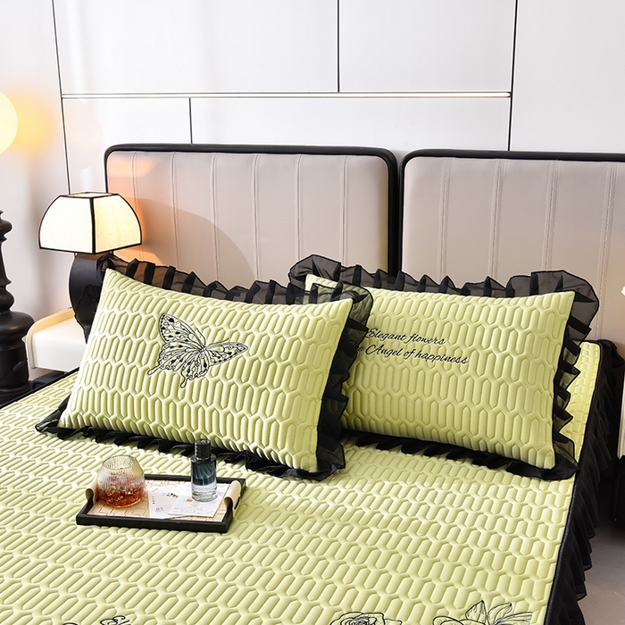 91家纺网 家纺一手货源 找家纺 炫拼家纺 2025春夏新款A类凉感丝花边床笠款乳胶凉席-法式玫瑰 法式玫瑰-仙草绿