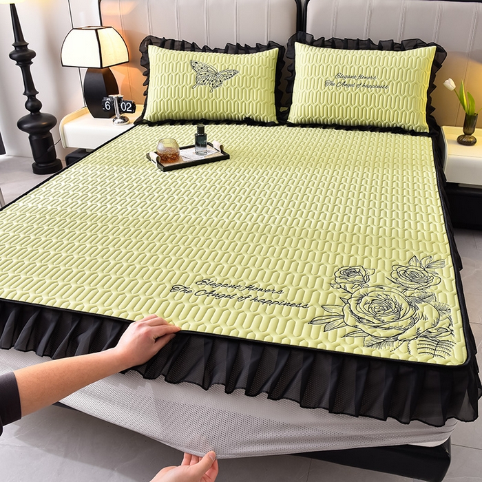 91家纺网 家纺一手货源 找家纺 炫拼家纺 2025春夏新款A类凉感丝花边床笠款乳胶凉席-法式玫瑰 法式玫瑰-仙草绿