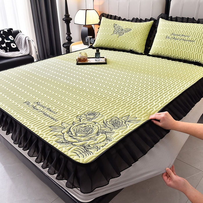 91家纺网 家纺一手货源 找家纺 炫拼家纺 2025春夏新款A类凉感丝花边床笠款乳胶凉席-法式玫瑰 法式玫瑰-仙草绿