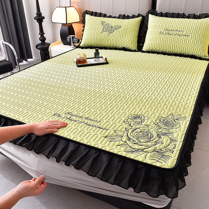 91家纺网 家纺一手货源 找家纺 炫拼家纺 2025春夏新款A类凉感丝花边床笠款乳胶凉席-法式玫瑰 法式玫瑰-仙草绿