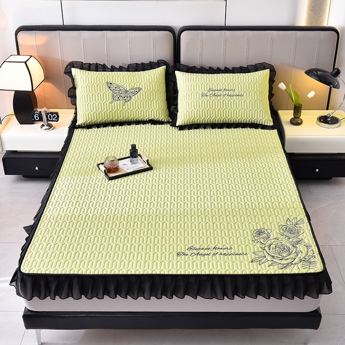 91家纺网 家纺一手货源 找家纺 炫拼家纺 2025春夏新款A类凉感丝花边床笠款乳胶凉席-法式玫瑰 法式玫瑰-仙草绿