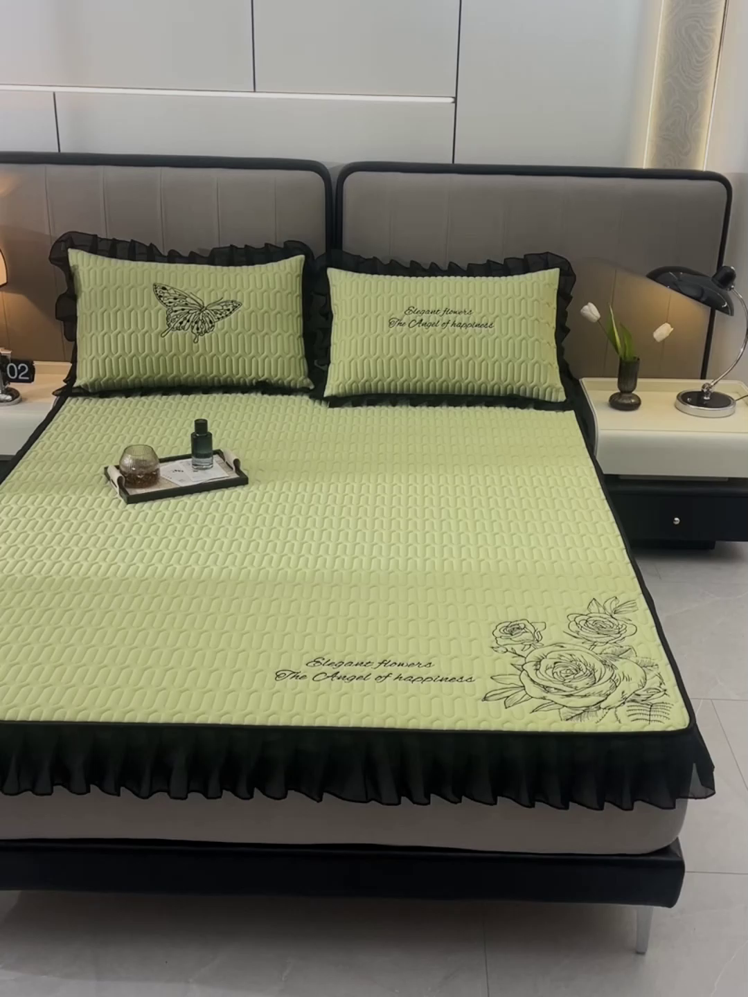 91家纺网 家纺一手货源 找家纺 炫拼家纺 2025春夏新款A类凉感丝花边床笠款乳胶凉席-法式玫瑰 法式玫瑰-仙草绿