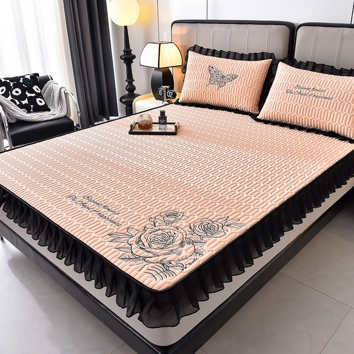 91家纺网 家纺一手货源 找家纺 炫拼家纺 2025春夏新款A类凉感丝花边床笠款乳胶凉席-法式玫瑰 法式玫瑰-香妃粉