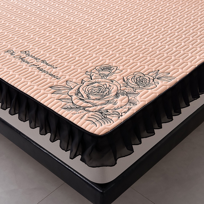 91家纺网 家纺一手货源 找家纺 炫拼家纺 2025春夏新款A类凉感丝花边床笠款乳胶凉席-法式玫瑰 法式玫瑰-香妃粉