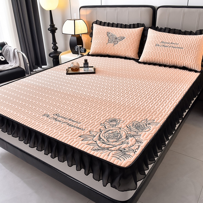 91家纺网 家纺一手货源 找家纺 炫拼家纺 2025春夏新款A类凉感丝花边床笠款乳胶凉席-法式玫瑰 法式玫瑰-香妃粉