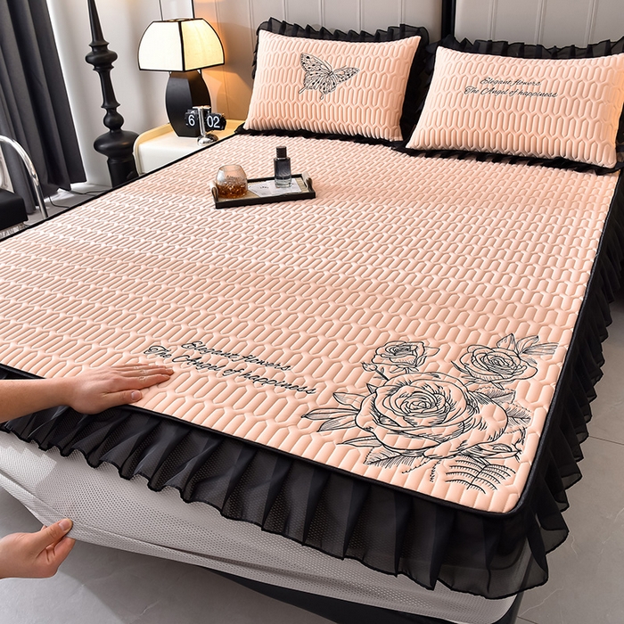 91家纺网 家纺一手货源 找家纺 炫拼家纺 2025春夏新款A类凉感丝花边床笠款乳胶凉席-法式玫瑰 法式玫瑰-香妃粉