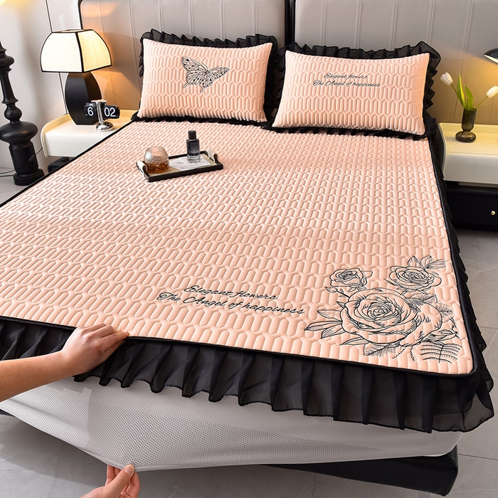 91家纺网 家纺一手货源 找家纺 炫拼家纺 2025春夏新款A类凉感丝花边床笠款乳胶凉席-法式玫瑰 法式玫瑰-香妃粉