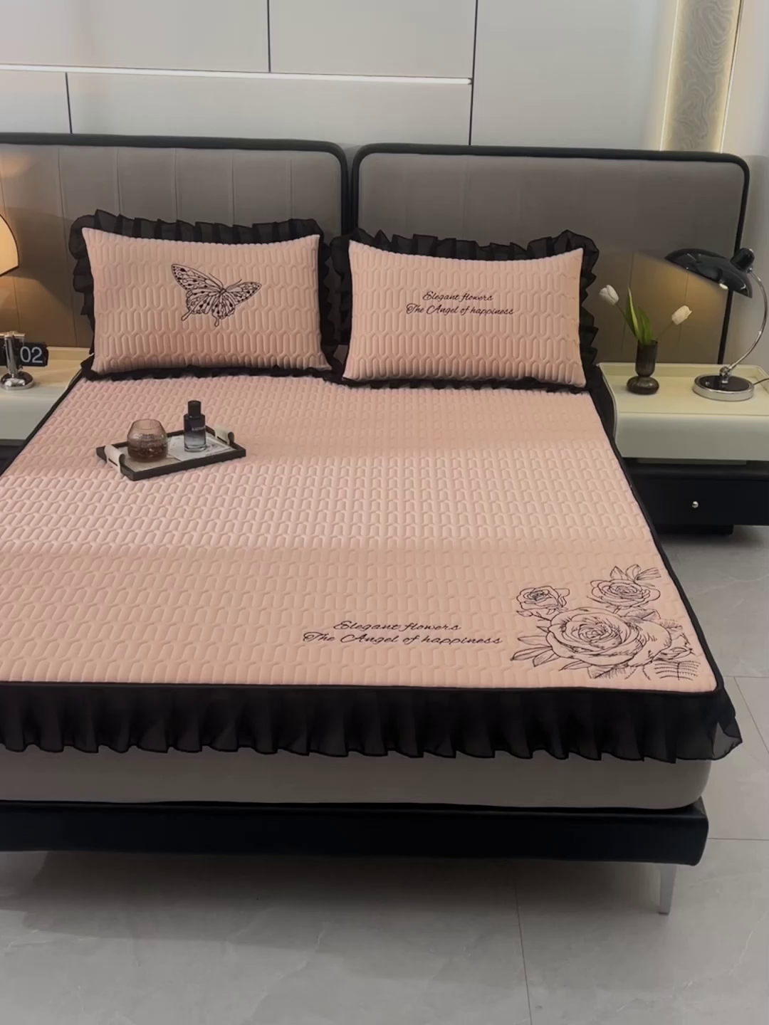 91家纺网 家纺一手货源 找家纺 炫拼家纺 2025春夏新款A类凉感丝花边床笠款乳胶凉席-法式玫瑰 法式玫瑰-香妃粉