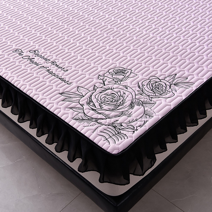 91家纺网 家纺一手货源 找家纺 炫拼家纺 2025春夏新款A类凉感丝花边床笠款乳胶凉席-法式玫瑰 法式玫瑰-熏衣紫