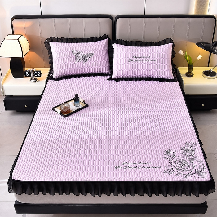 91家纺网 家纺一手货源 找家纺 炫拼家纺 2025春夏新款A类凉感丝花边床笠款乳胶凉席-法式玫瑰 法式玫瑰-熏衣紫