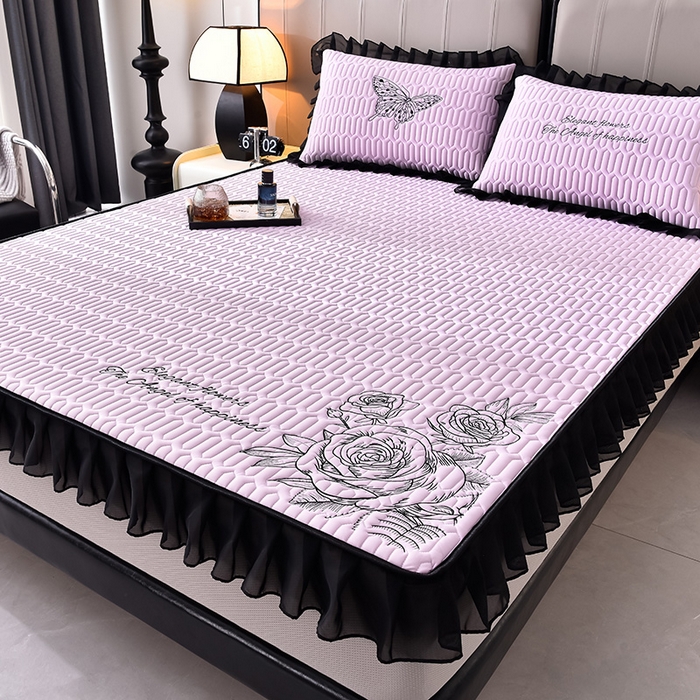 91家纺网 家纺一手货源 找家纺 炫拼家纺 2025春夏新款A类凉感丝花边床笠款乳胶凉席-法式玫瑰 法式玫瑰-熏衣紫