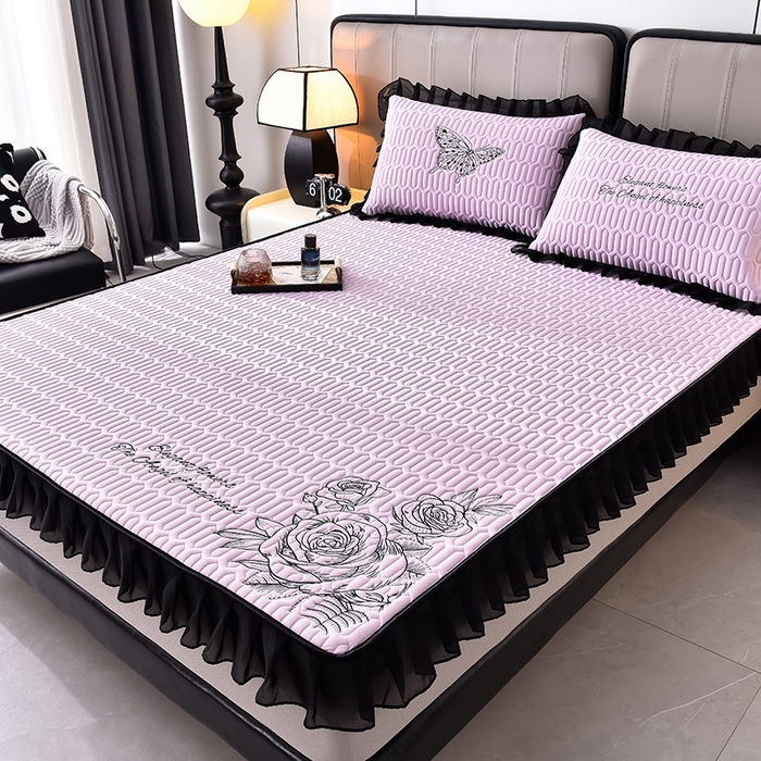 91家纺网 家纺一手货源 找家纺 炫拼家纺 2025春夏新款A类凉感丝花边床笠款乳胶凉席-法式玫瑰 法式玫瑰-熏衣紫